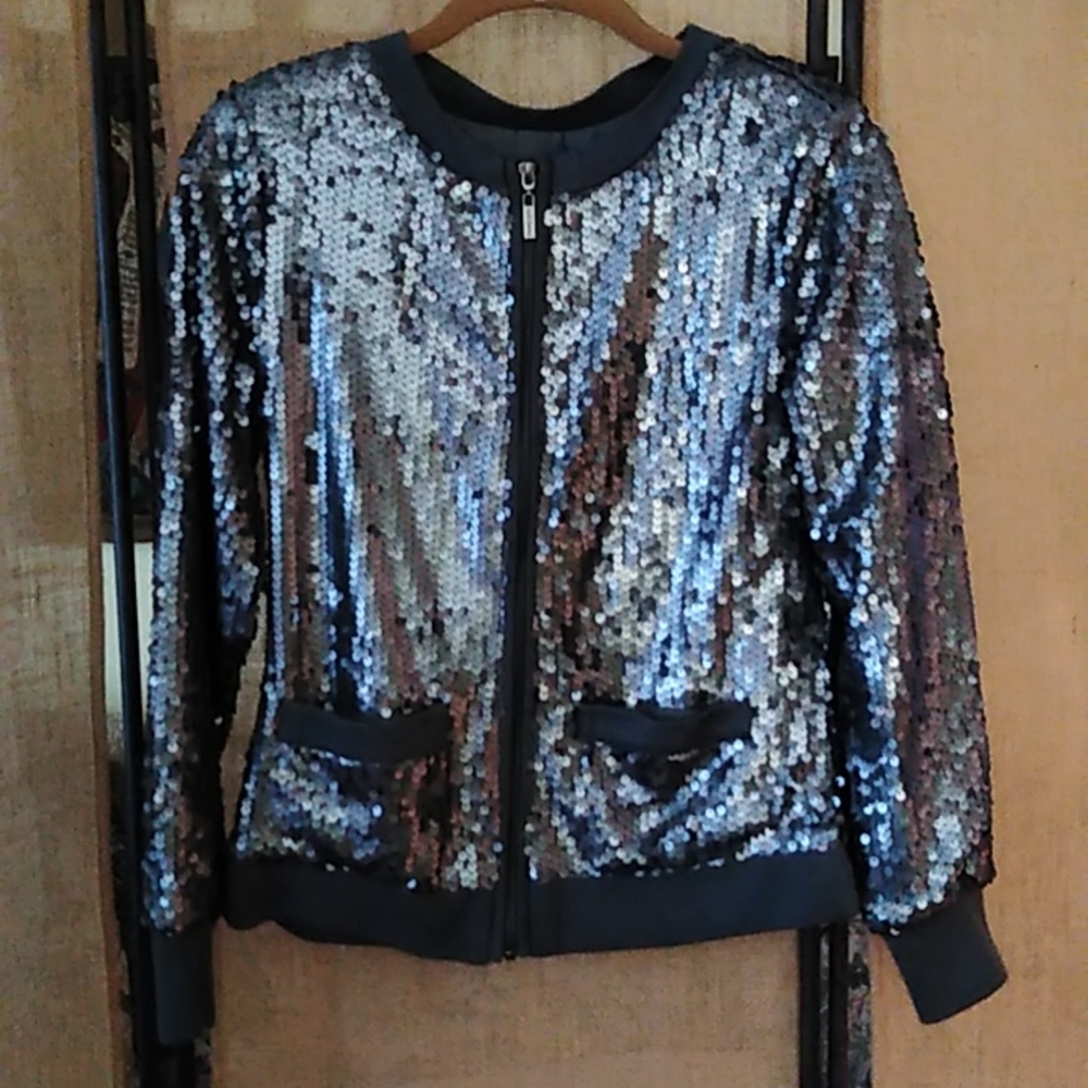 XS Sequin gray Bomber style semi fitted lined Jacket by Twiggy